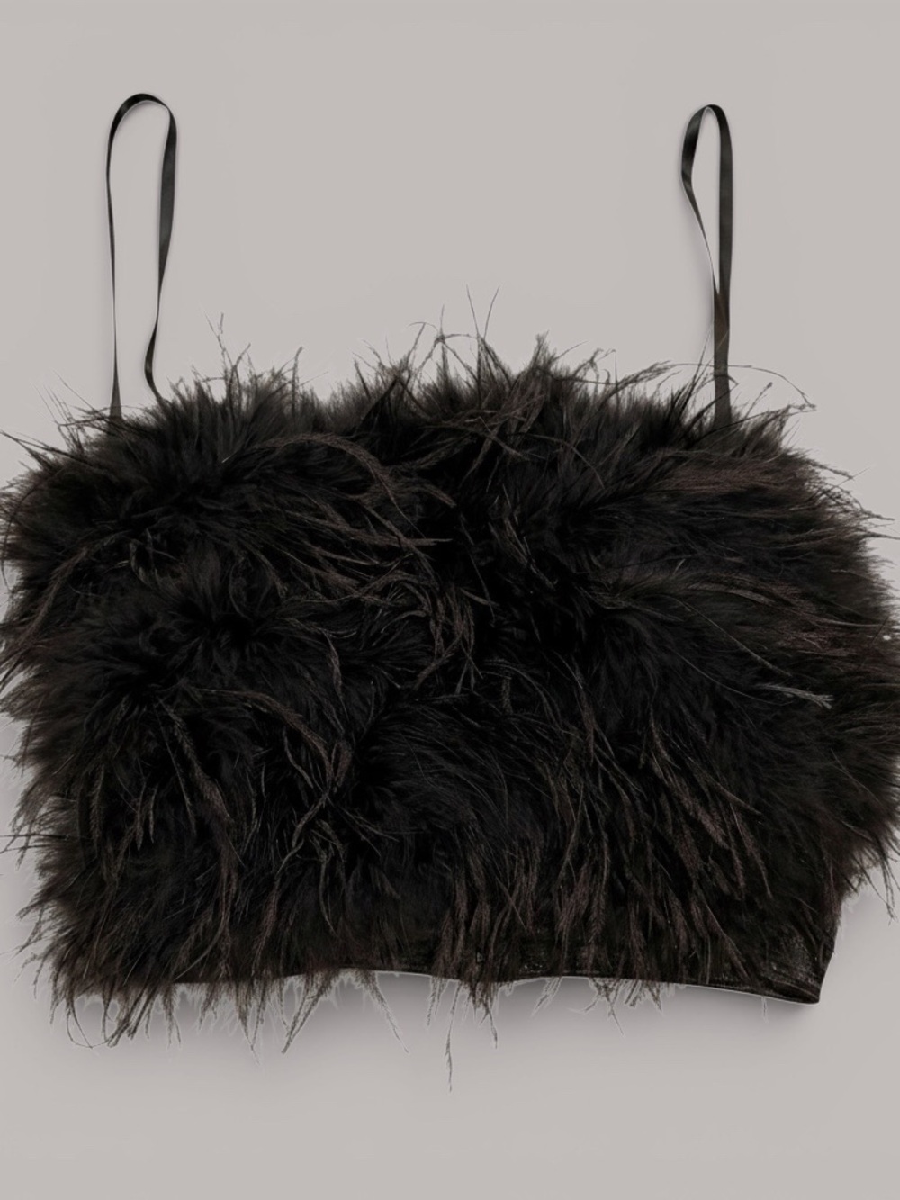 Black Feather-Trim Crop Top with Spaghetti Straps